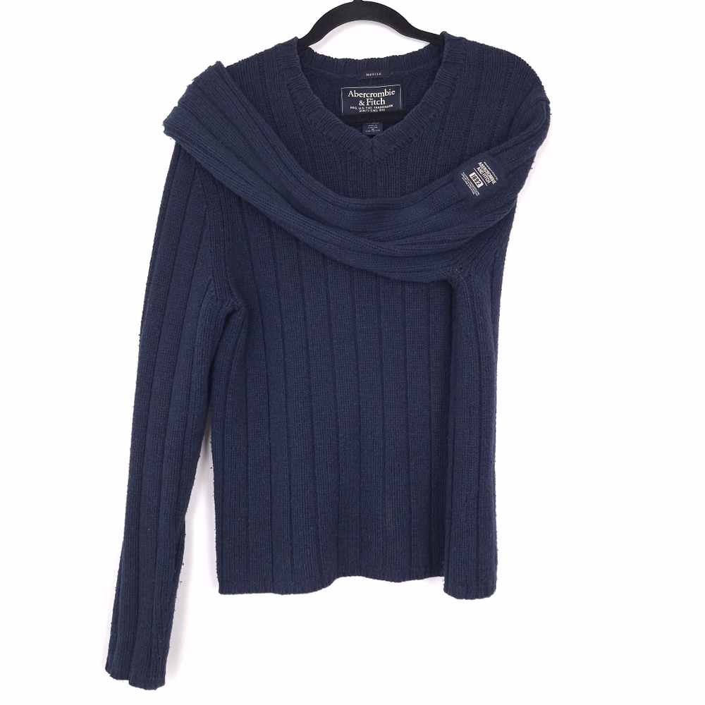 Abercrombie vintage Muscle knit sweater ribbed v-neck lambswool preppy navy blue
